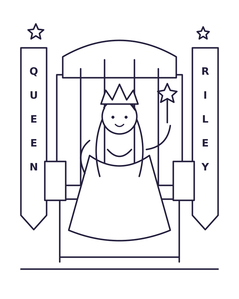 Coloring page of a queen on a throne with QUEEN and RILEY banners